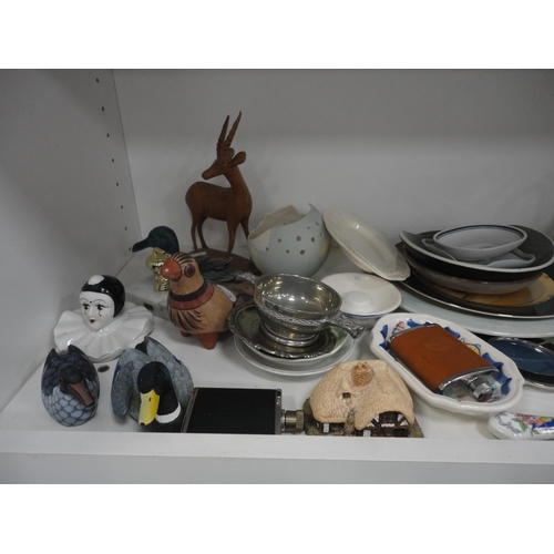 91 - Three shelves of sundry ceramics and glass to include dishes, vases and ornaments.