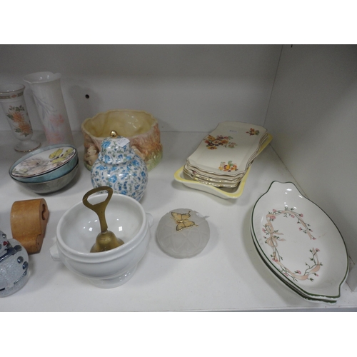 91 - Three shelves of sundry ceramics and glass to include dishes, vases and ornaments.