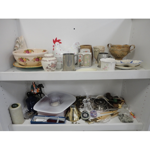 92 - Two shelves of sundry glass, ceramics, brass and EP, to include two glass paperweights, flatback fig... 