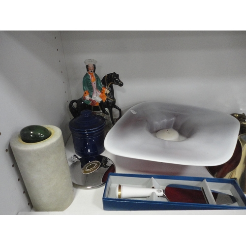 92 - Two shelves of sundry glass, ceramics, brass and EP, to include two glass paperweights, flatback fig... 