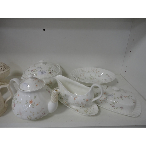 96 - Three shelves to include part Wedgewood 'Campion' dinner set, Creamware and assorted glass.