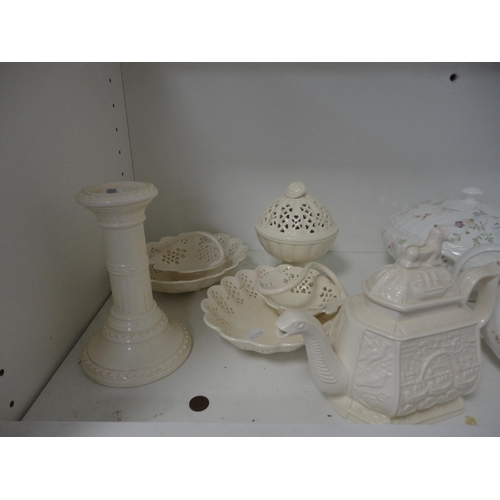 96 - Three shelves to include part Wedgewood 'Campion' dinner set, Creamware and assorted glass.