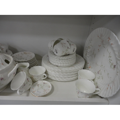 96 - Three shelves to include part Wedgewood 'Campion' dinner set, Creamware and assorted glass.