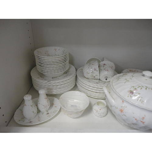 96 - Three shelves to include part Wedgewood 'Campion' dinner set, Creamware and assorted glass.