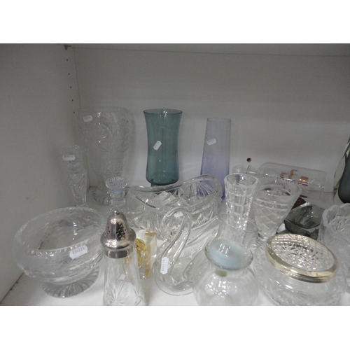 96 - Three shelves to include part Wedgewood 'Campion' dinner set, Creamware and assorted glass.