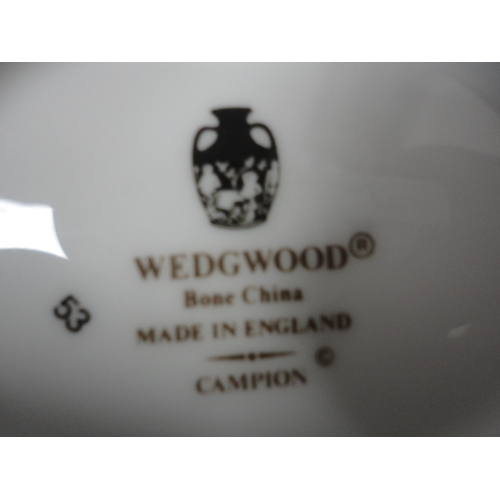 96 - Three shelves to include part Wedgewood 'Campion' dinner set, Creamware and assorted glass.