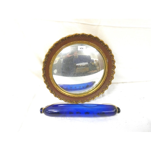 474 - Gilt frame port hole mirror and Bristol blue rolling pin.