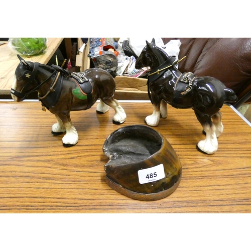 485 - Two horse figures and a taxidermy horses hoof.