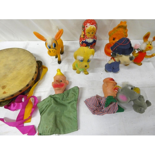 487 - Box of vintage toys including tambourine and toy animals 1960's