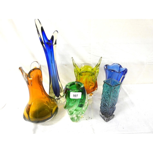 507 - Six modern Art Glass vases, naturalistic form.