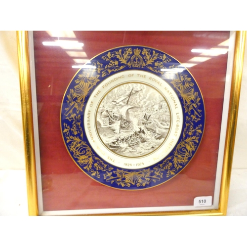 510 - Framed Lifeboat commemorative plate, 150 Year Anniversary