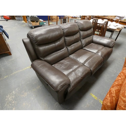 518 - Three seater brown leather recliner.