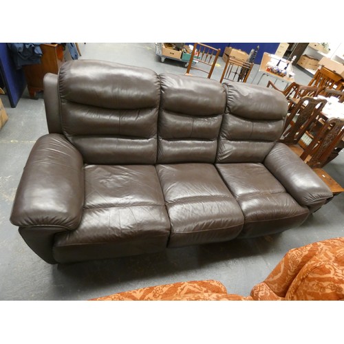 518 - Three seater brown leather recliner.