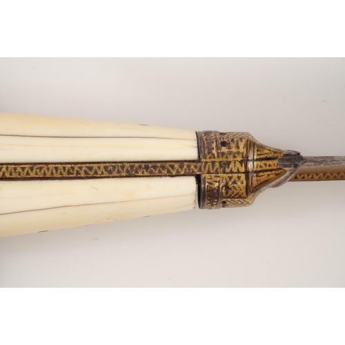 1695 - Afghan Khyber knife, T form tapering blade decorated with gold Arabic designs, ivory pistol shaped h... 