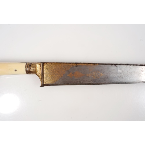 1695 - Afghan Khyber knife, T form tapering blade decorated with gold Arabic designs, ivory pistol shaped h... 