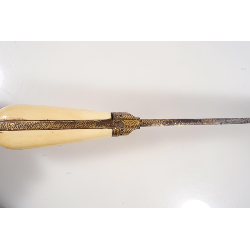 1695 - Afghan Khyber knife, T form tapering blade decorated with gold Arabic designs, ivory pistol shaped h... 