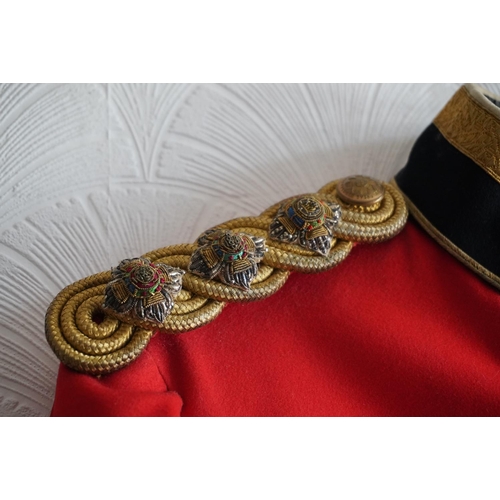 1748 - British army uniform, a red doublet jacket with J Stewart & Sons of Edinburgh label penned 'J H ... 