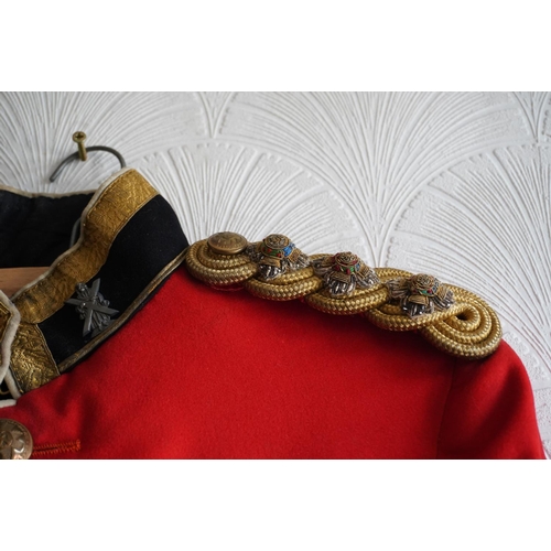 1748 - British army uniform, a red doublet jacket with J Stewart & Sons of Edinburgh label penned 'J H ... 