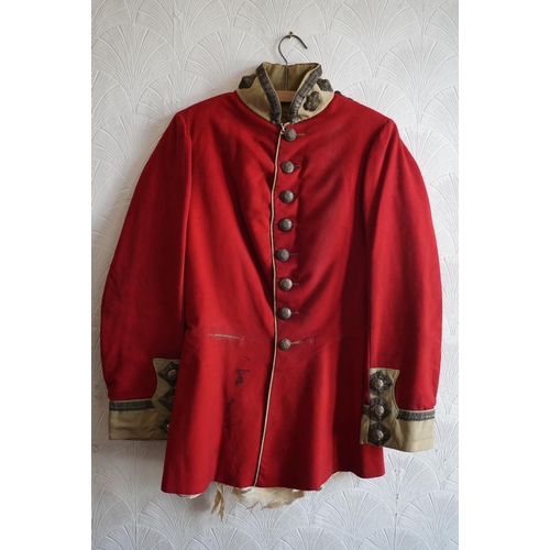 1753 - British army uniform, a red tunic jacket having Dumfries Roxburgh Selkirk brass buttons, bullion wir... 