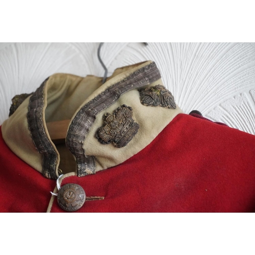 1753 - British army uniform, a red tunic jacket having Dumfries Roxburgh Selkirk brass buttons, bullion wir... 