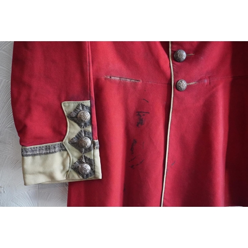 1753 - British army uniform, a red tunic jacket having Dumfries Roxburgh Selkirk brass buttons, bullion wir... 