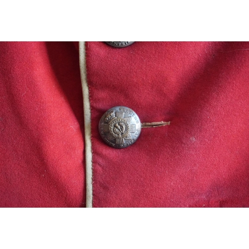 1753 - British army uniform, a red tunic jacket having Dumfries Roxburgh Selkirk brass buttons, bullion wir... 