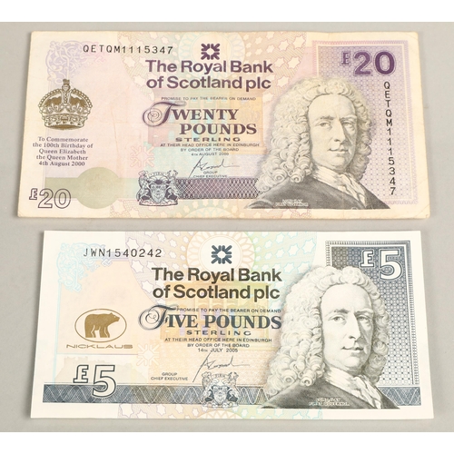 63 - Bank of Scotland Queen Mother 100th birthday £20 note, and a Jack Nicklaus £5 note