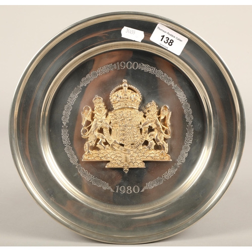 138 - Aquinas Locke pewter commemorative plate, 'By gracious permission of Her Majesty Queen Elizabeth The... 