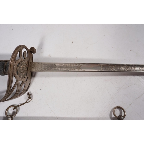 1689 - Irish military sword of the Irish Guards, the etched fullered piquet weight blade with King Edward V... 