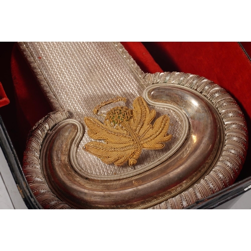 1728 - Pair of Scottish Deputy Lieutenant bullion wire epaulettes with thistle badge, held in black metal t... 