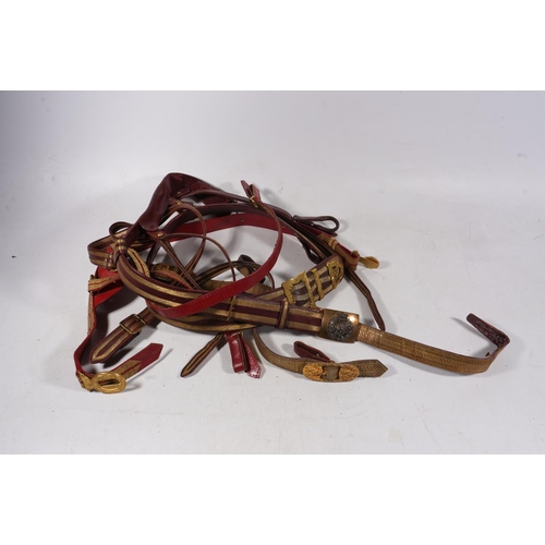 1732 - Royal Engineers gilt brass and white metal belt buckle on red leather and bullion wire belt having f... 