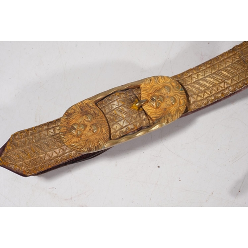 1732 - Royal Engineers gilt brass and white metal belt buckle on red leather and bullion wire belt having f... 