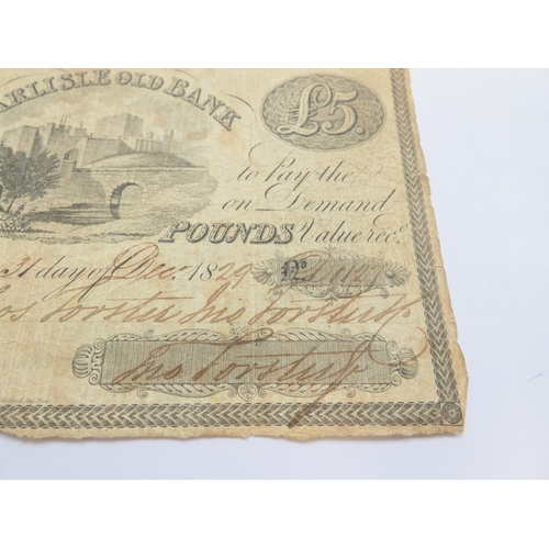 281 - English Provincial Banknote. Carlisle Old Bank, for Thos Forster, Jno Forster & Co., £5, 31st De... 