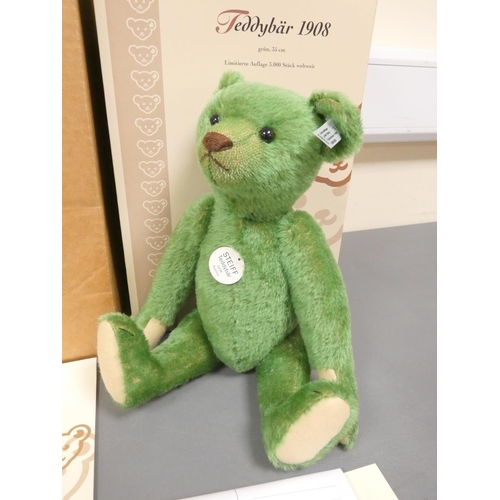 81 - Steiff. 1908 Replica Teddy Bear, 2005, white tag 408540, in green mohair with growler. Complete with... 