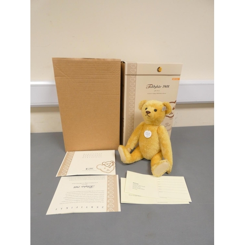 82 - Steiff. 1908 Replica Teddy Bear, 2006, white tag 406751, in yellow mohair with growler. Complete wit... 