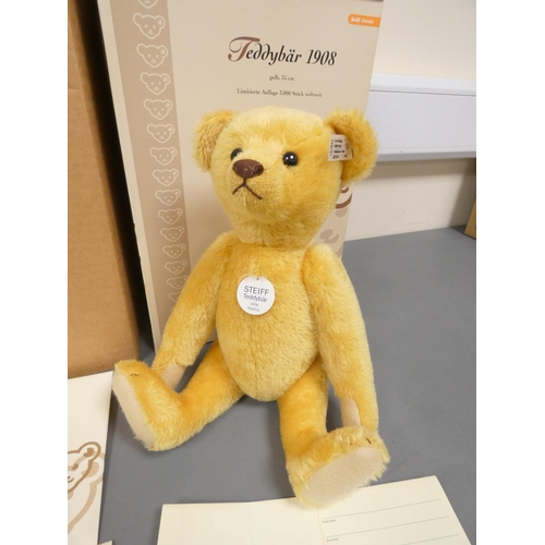 82 - Steiff. 1908 Replica Teddy Bear, 2006, white tag 406751, in yellow mohair with growler. Complete wit... 