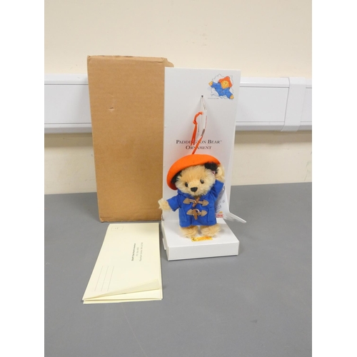 89 - Steiff. Paddington Bear Ornament, 2004, white tag 354373, beige mohair with blue toggle coat and hat... 