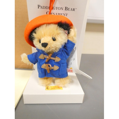 89 - Steiff. Paddington Bear Ornament, 2004, white tag 354373, beige mohair with blue toggle coat and hat... 