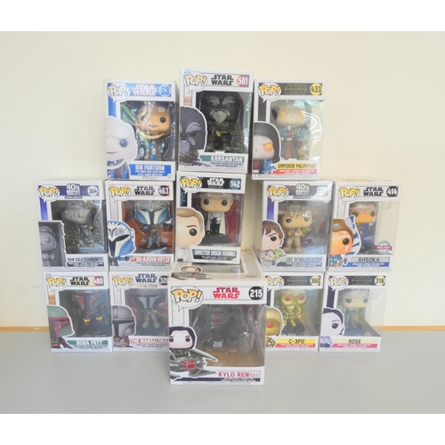 145 - Group of Funko Pop bobblehead Star Wars figures to include Kylo Ren With Tie Fighter 215, Boba Fett ... 