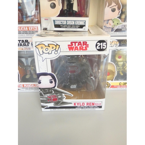 145 - Group of Funko Pop bobblehead Star Wars figures to include Kylo Ren With Tie Fighter 215, Boba Fett ... 