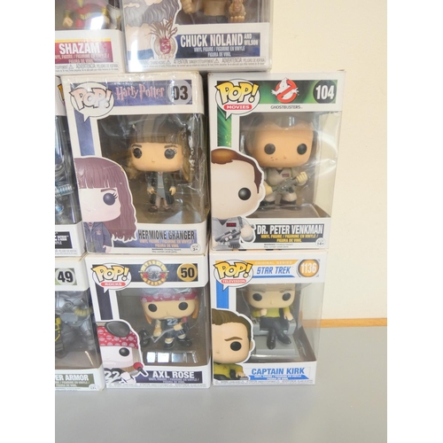 149 - Group of Funko Pop bobblehead figures to include Harry Potter 42, Shazam 260, Axl Rose 50, and other... 