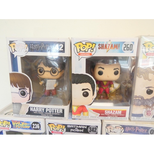 149 - Group of Funko Pop bobblehead figures to include Harry Potter 42, Shazam 260, Axl Rose 50, and other... 