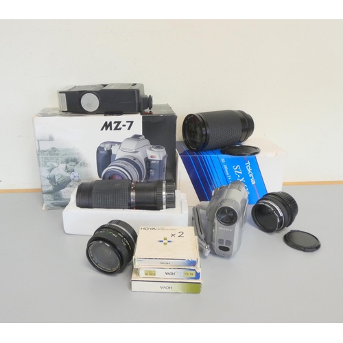 388 - Pentax MZ-7 SLR camera along with a Tokina SZ-X 630 60-300mm lens, Hoya filters, Sony DCR-HC19E camc... 