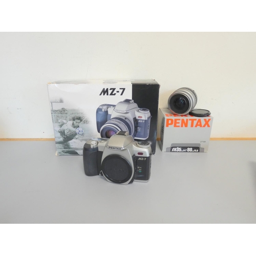 388 - Pentax MZ-7 SLR camera along with a Tokina SZ-X 630 60-300mm lens, Hoya filters, Sony DCR-HC19E camc... 