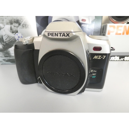 388 - Pentax MZ-7 SLR camera along with a Tokina SZ-X 630 60-300mm lens, Hoya filters, Sony DCR-HC19E camc... 