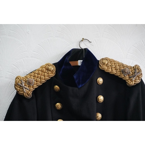 1755 - British Army uniform, a black overcoat with blue velvet cuffs having Ranken & Co of Calcutta but... 