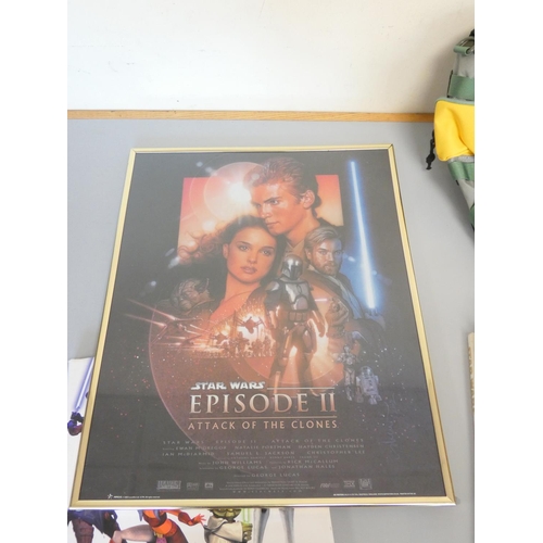 183 - Star Wars. Box of collectables to include a framed Attack of the Clones poster by GB Posters, Boba F... 