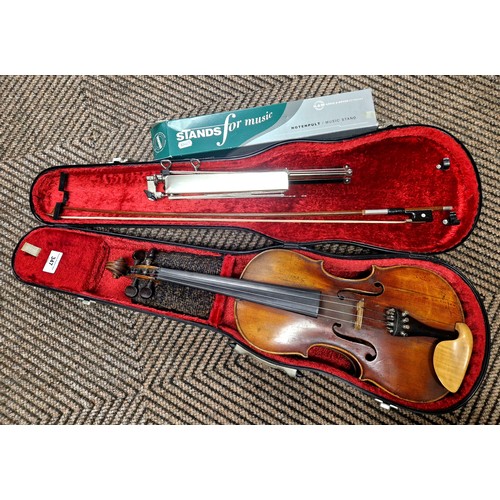 347 - Violin & bow, cased (with music stand), body is 36cm, shadow of a label inside but no name or ot... 