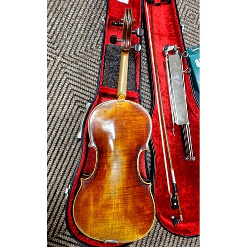 347 - Violin & bow, cased (with music stand), body is 36cm, shadow of a label inside but no name or ot... 