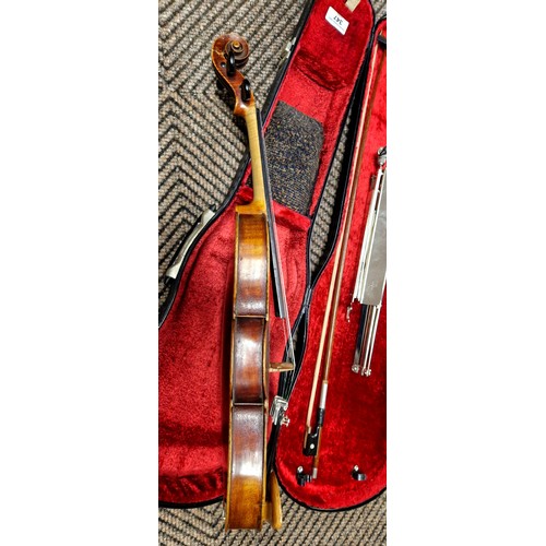 347 - Violin & bow, cased (with music stand), body is 36cm, shadow of a label inside but no name or ot... 